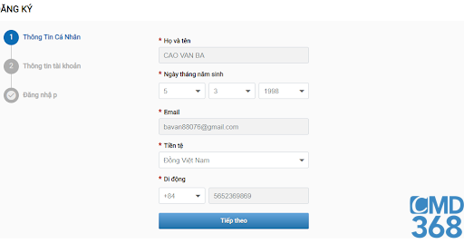 Điền thông tin đăng ký CMD368 chi tiết